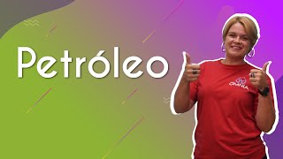 "Petróleo" escrito sobre fundo colorido ao lado da imagem da professora